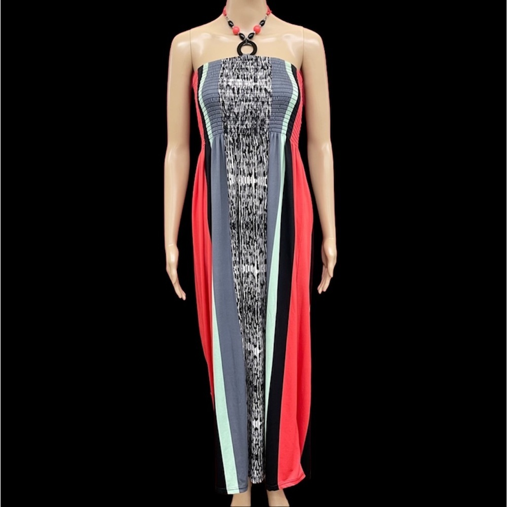 Magic Colorblock Abstract Print Smocked Maxi Dress Beaded Halter Neck Large
